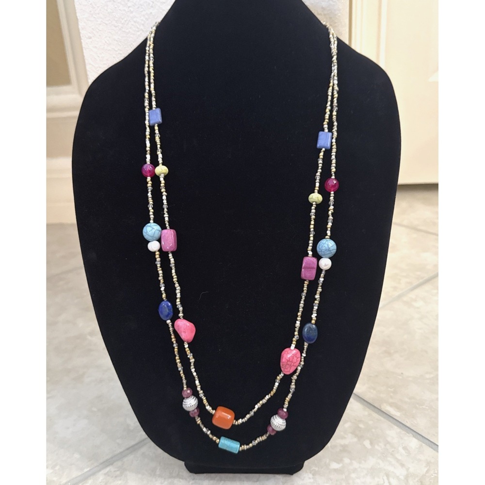 NWT Chico's Long Multicolor Beaded Necklace Gold Tone Double Strand Boho Jewelry